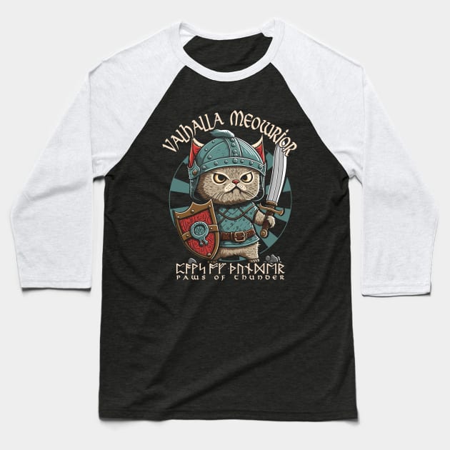 Nordic Norse Valhalla Viking Cat Warrior Baseball T-Shirt by Apocatnipse Meow